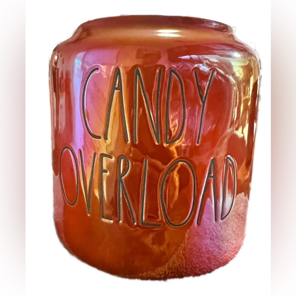 Rae Dunn CANDY OVERLOAD Iridescent Orange Cookie Canister 8 Inch Tall Halloween